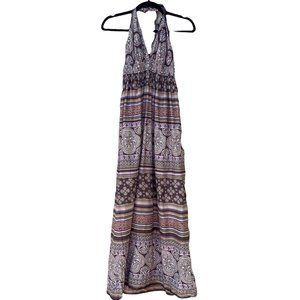 GAP Boho Dress Lined Tie Neck Maxi Brown Beach Sun Dress
